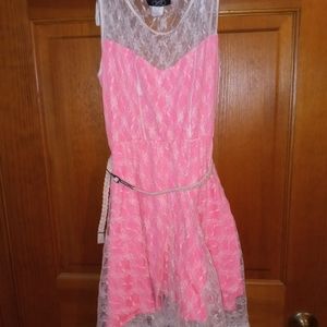 Lace Neon Pink Party Dress With Belt